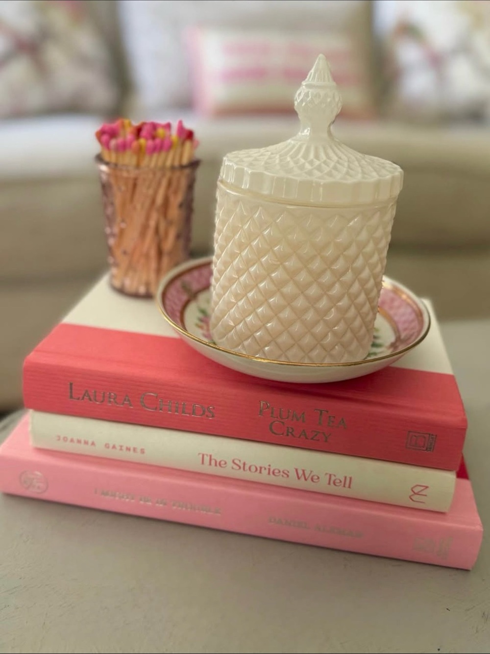 Peachy-pink book stack